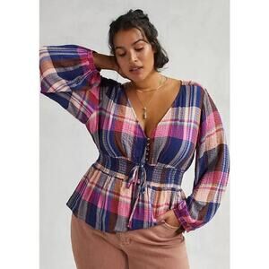 Anthropologie Pilcro Plaid Deep-V Blouse Pink Combo Print Ruched Tie Size L